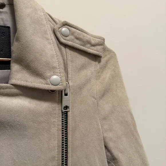 Allsaints Womens Suede Balfern Biker Jacket 2 Warm Taupe Quiet Luxury Western - Picture 5 of 11